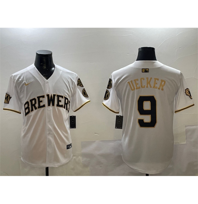 Men's Milwaukee Brewers #9 Bob Uecker White Gold With Home Limited Stitched Baseball Jersey