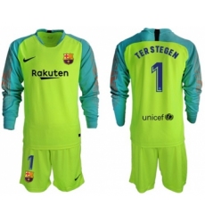 Barcelona #1 Ter Stegen Shiny Green Goalkeeper Long Sleeves Soccer Club Jersey