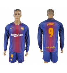 Barcelona #9 Suarez Home Long Sleeves Soccer Club Jersey