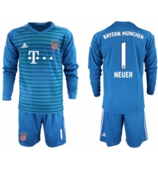 Bayern Munchen #1 Neuer Blue Goalkeeper Long Sleeves Soccer Club Jersey