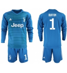 Juventus #1 Buffon Blue Goalkeeper Long Sleeves Soccer Club Jersey