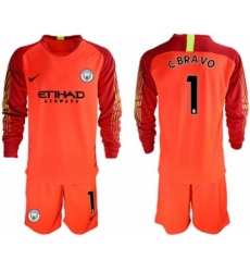 Manchester City #1 C.Bravo Red Goalkeeper Long Sleeves Soccer Club Jersey