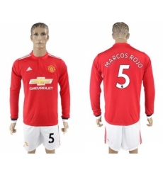 Manchester United #5 Marcos Rojo Red Home Long Sleeves Soccer Club Jersey