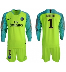 Paris Saint-Germain #1 Buffon Shiny Green Goalkeeper Long Sleeves Soccer Club Jersey