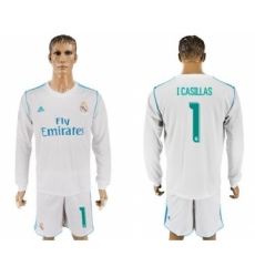 Real Madrid #1 I Casillas White Home Long Sleeve Soccer Club Jersey