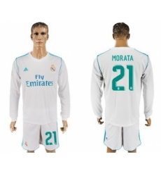 Real Madrid #21 Morata White Home Long Sleeves Soccer Club Jersey