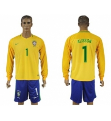 Brazil #1 Alisson Home Long Sleeves Soccer Country Jersey