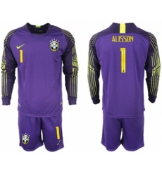 Brazil #1 Alisson Purple Goalkeeper Long Sleeves Soccer Country Jersey