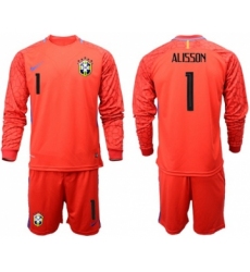 Brazil #1 Alisson Red Goalkeeper Long Sleeves Soccer Country Jersey