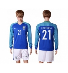 Brazil #21 Coutinho Away Long Sleeves Soccer Country Jersey