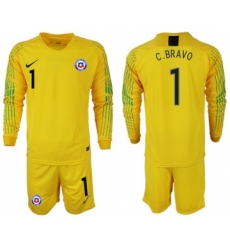 Chile #1 C.Bravo Yellow Goalkeeper Long Sleeves Soccer Country Jersey
