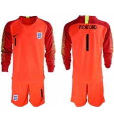 England #1 Pickford Red Long Sleeves Goalkeeper Soccer Country Jersey