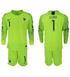 France #1 LLORIS Shiny Green Goalkeeper Long Sleeves Soccer Country Jersey
