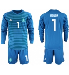 Germany #1 Neuer Blue Goalkeeper Long Sleeves Soccer Country Jersey