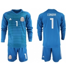 Mexico #1 Corona Blue Long Sleeves Goalkeeper Soccer Country Jersey