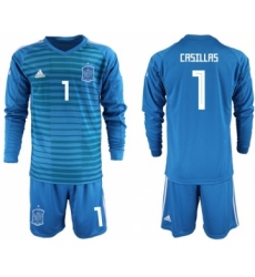 Spain #1 Casillas Blue Goalkeeper Long Sleeves Soccer Country Jersey