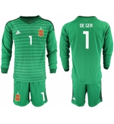 Spain #1 De Gea Green Long Sleeves Goalkeeper Soccer Country Jersey