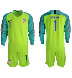USA #1 Howard Shiny Green Goalkeeper Long Sleeves Soccer Country Jersey