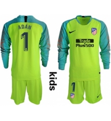 Atletico Madrid #1 Adan Shiny Green Goalkeeper Long Sleeves Kid Soccer Club Jersey