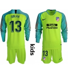 Atletico Madrid #13 Oblak Shiny Green Goalkeeper Long Sleeves Kid Soccer Club Jersey