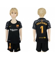 Barcelona #1 Ter Stegen Black Goalkeeper Kid Soccer Club Jersey