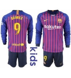 Barcelona #9 Suarez Home Long Sleeves Kid Soccer Club Jersey