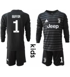 Juventus #1 Buffon Black Goalkeeper Long Sleeves Kid Soccer Club Jersey