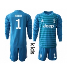 Juventus #1 Buffon Blue Goalkeeper Long Sleeves Kid Soccer Club Jersey