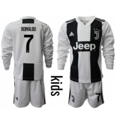 Juventus #7 Ronaldo Home Long Sleeves Kid Soccer Club Jersey