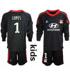 Lyon #1 Lopes Black Goalkeeper Long Sleeves Kid Soccer Club Jersey
