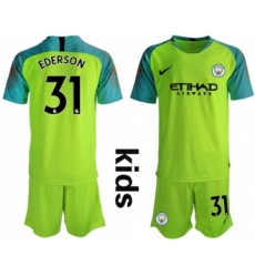 Manchester City #31 Ederson Shiny Green Goalkeeper Kid Soccer Club Jersey