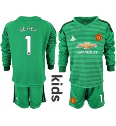 Manchester United #1 De Gea Green Goalkeeper Long Sleeves Kid Soccer Club Jersey