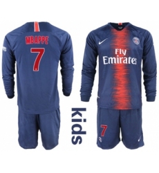 Paris Saint-Germain #7 Mbappe Home Long Sleeves Kid Soccer Club Jersey