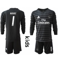 Real Madrid #1 Navas Black Goalkeeper Long Sleeves Kid Soccer Club Jersey