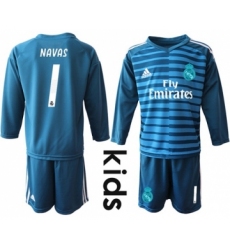 Real Madrid #1 Navas Blue Goalkeeper Long Sleeves Kid Soccer Club Jersey