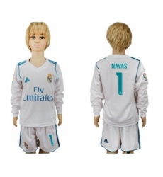 Real Madrid #1 Navas Home Long Sleeves Kid Soccer Club Jersey