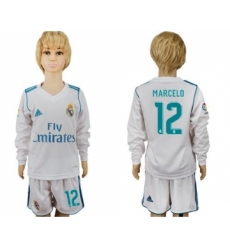 Real Madrid #12 Marcelo Home Long Sleeves Kid Soccer Club Jersey