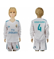 Real Madrid #4 Sergio Ramos Home Long Sleeves Kid Soccer Club Jersey