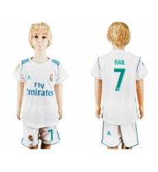 Real Madrid #7 Raul White Home Kid Soccer Club Jersey
