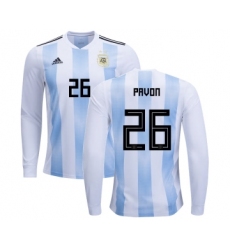 Argentina #26 Pavon Home Long Sleeves Kid Soccer Country Jersey
