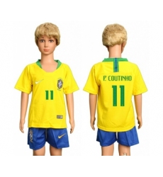 Brazil #11 P.Coutinho Home Kid Soccer Country Jersey