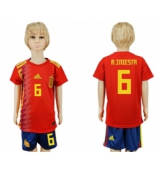 Spain #6 A.Iniesta Red Home Kid Soccer Country Jersey