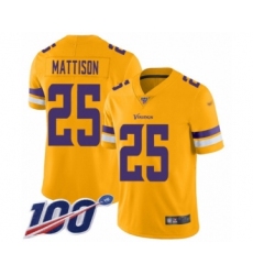Men's Minnesota Vikings #25 Alexander Mattison Limited Gold Inverted Legend 100th Season Football Jersey
