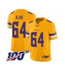 Men's Minnesota Vikings #64 Josh Kline Limited Gold Inverted Legend 100th Season Football Jersey