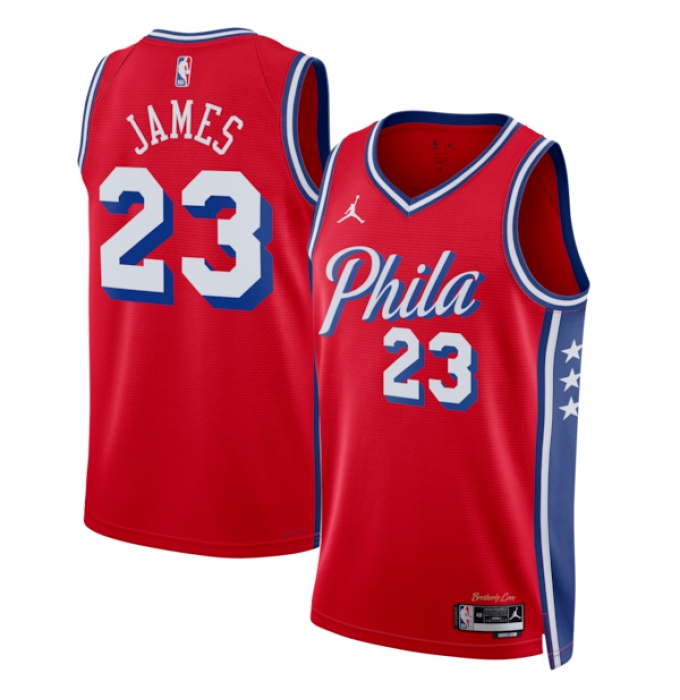 Men's Philadelphia 76ers #23 LeBron James Red 2026 Statement Edition Stitched Jersey