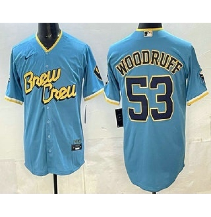 Men's Milwaukee Brewers #53 Brandon Woodruff Powder Blue 2022 City Connect Cool Base Jersey