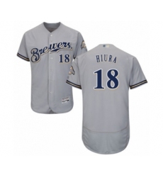 Men's Milwaukee Brewers #18 Keston Hiura Grey Road Flex Base Authentic Collection Baseball Player Jersey