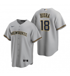 Men's Nike Milwaukee Brewers #18 Keston Hiura Gray Road Stitched Baseball Jersey