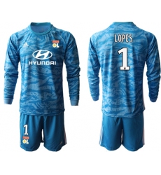 Lyon #1 Lopes Blue Goalkeeper Long Sleeves Soccer Club Jersey