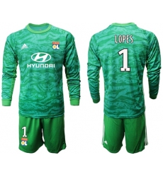 Lyon #1 Lopes Green Goalkeeper Long Sleeves Soccer Club Jersey